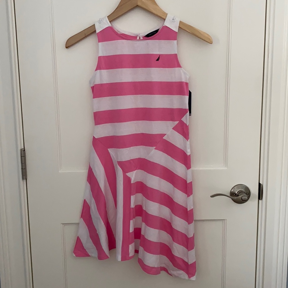NWT Girls Size 10 Nautica Pink/White Sleeveless Cotton Tank Dress w/Rope Detail